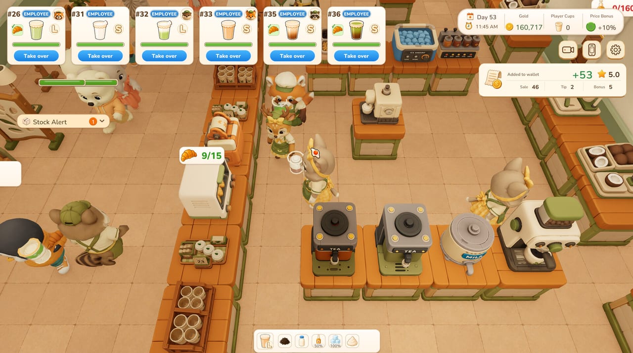 Tasty Chef milk tea kitchen during a busy shift, with animal staff brewing drinks at tea and milk stations