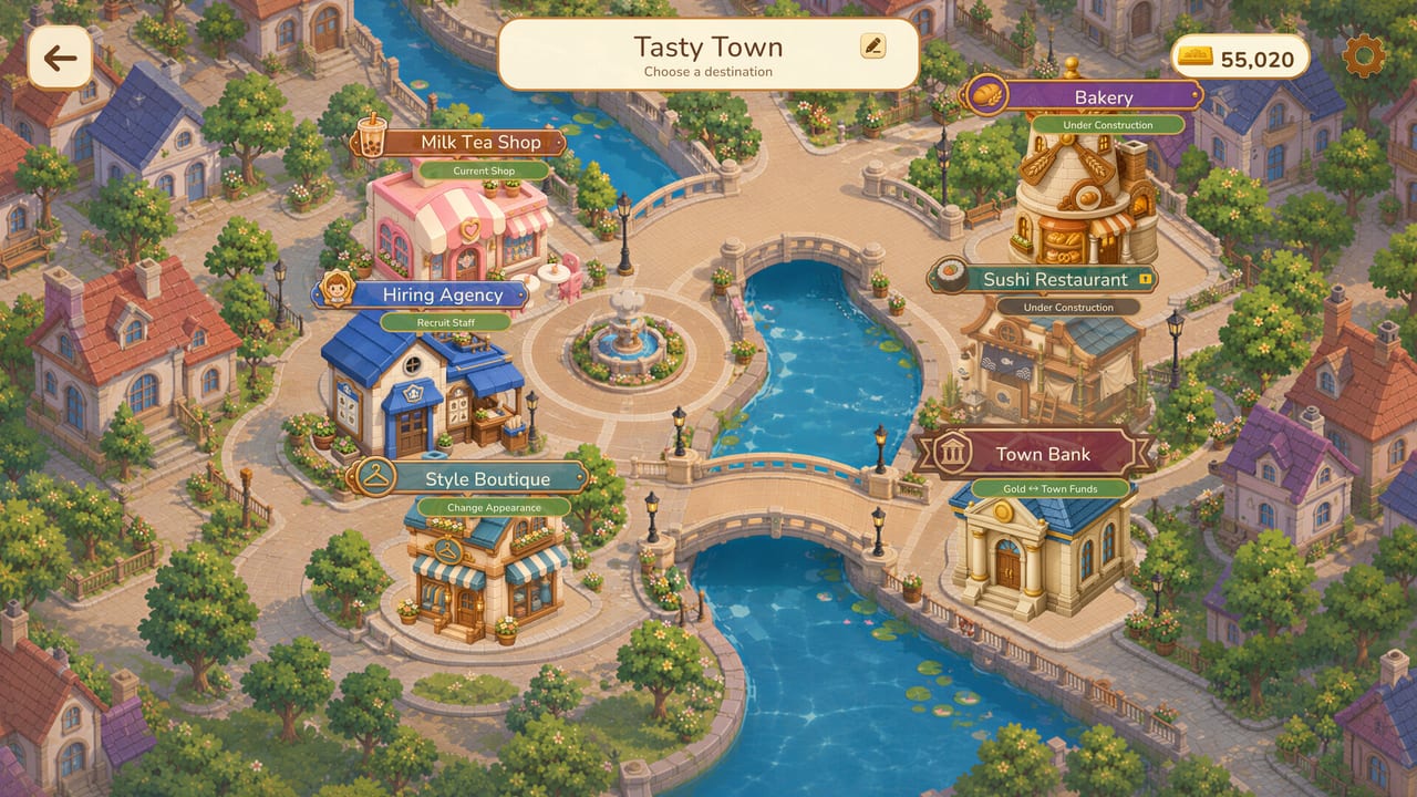 Tasty Town map in Tasty Chef showing the Milk Tea Shop, Hiring Agency, Bakery, Sushi Restaurant, and Town Bank